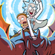 Rick and Morty riding a dragon through a portal.